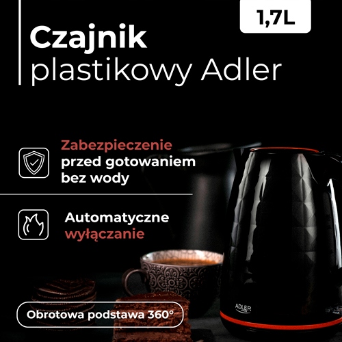 Czajnik Adler AD 1277 1,7L Czarny Moc 2200W Szybkie Grzanie