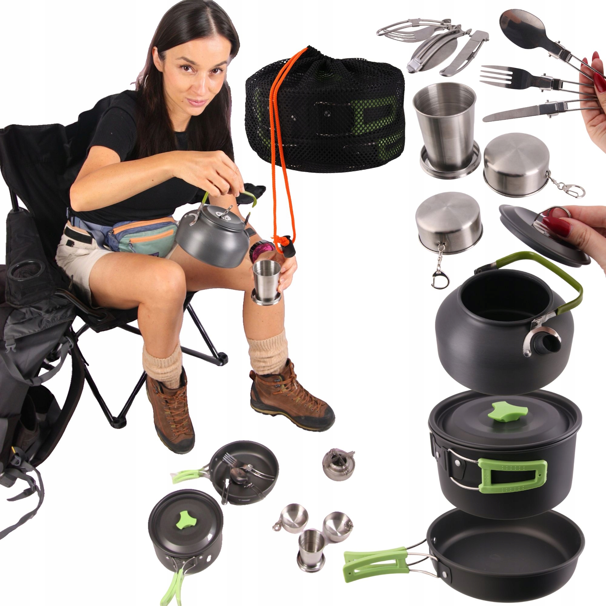 Turistické nádobí sada nádobí hrnce 18ks skládací camping pro 2 osoby