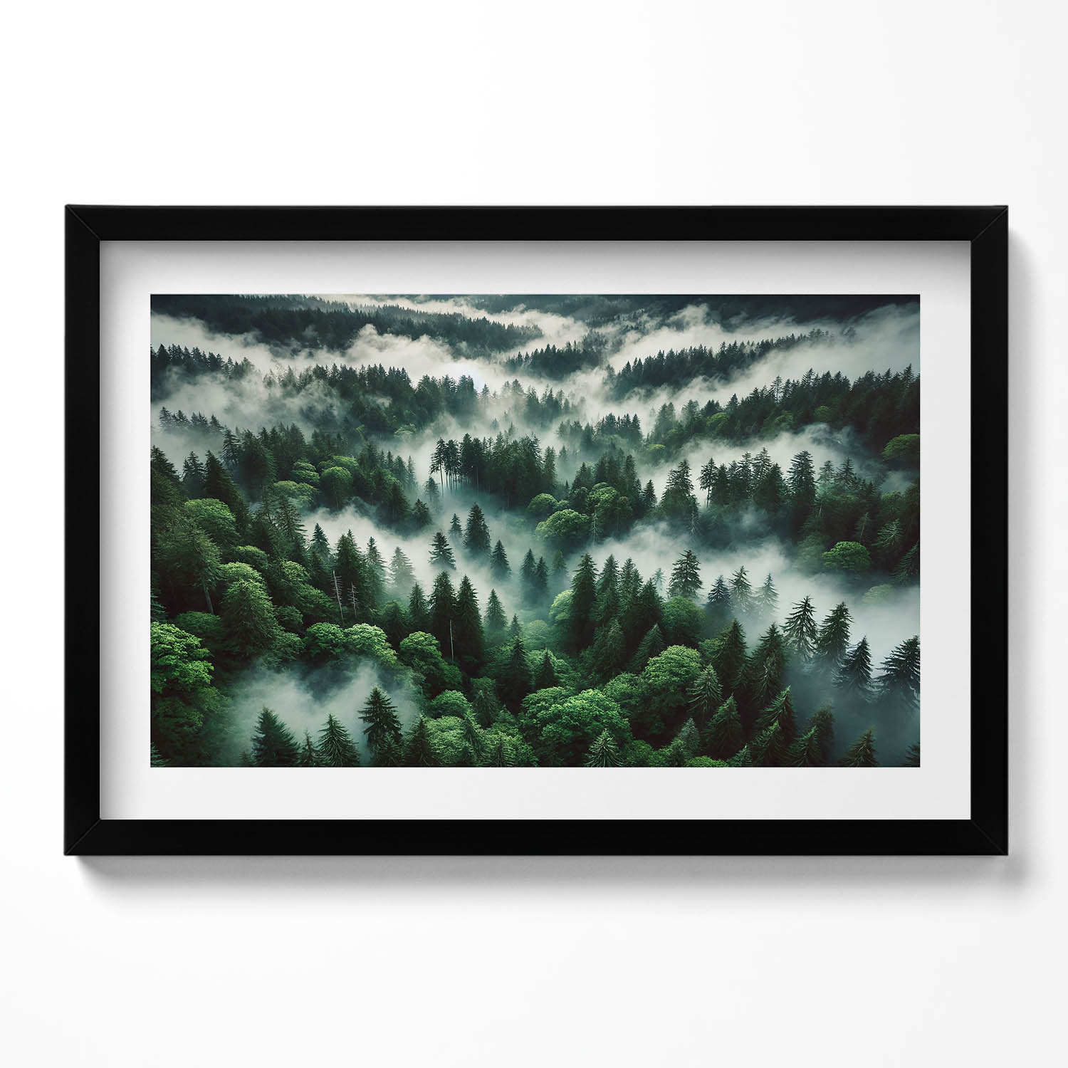 Dekorativní nástěnný obraz v černém rámu Krajina ranní mlha v lese 60x40 cm