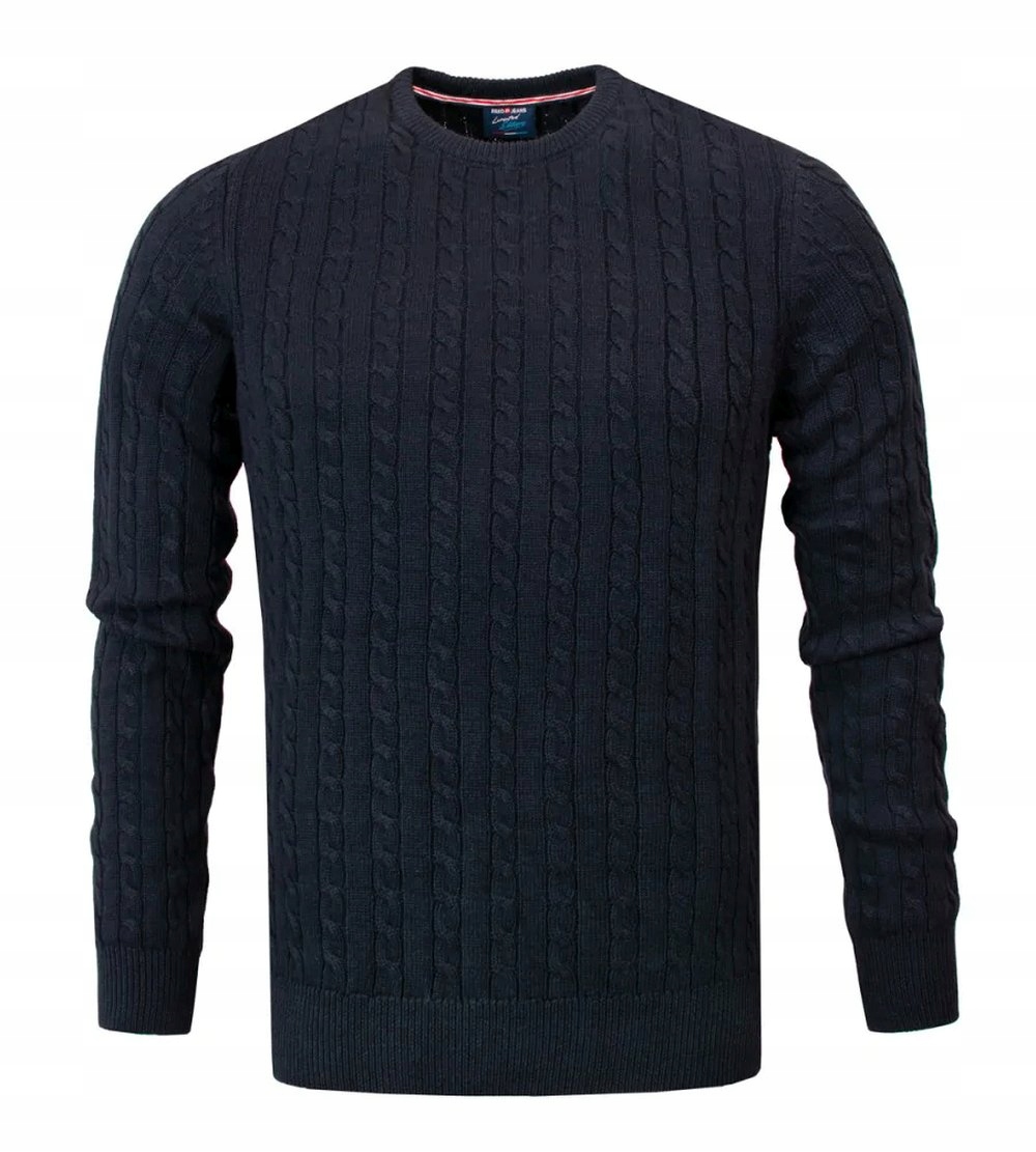 Bavlněný pánský svetr Pako Jeans copánková tkanina tmavě modrá XXL