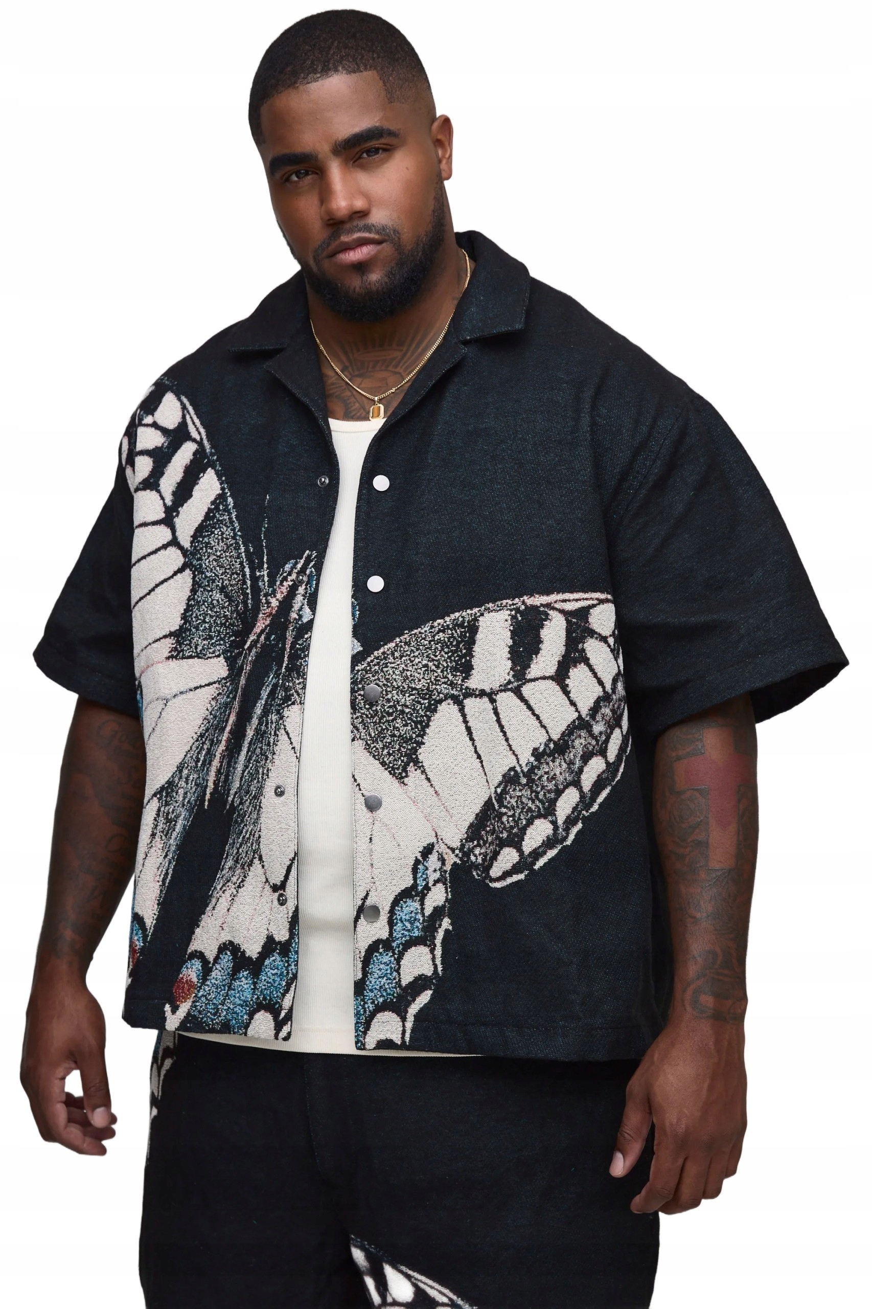 Boohooman Pánská Košile Casual Černá S Potiskem Motýla Plus Size XXL Z3A