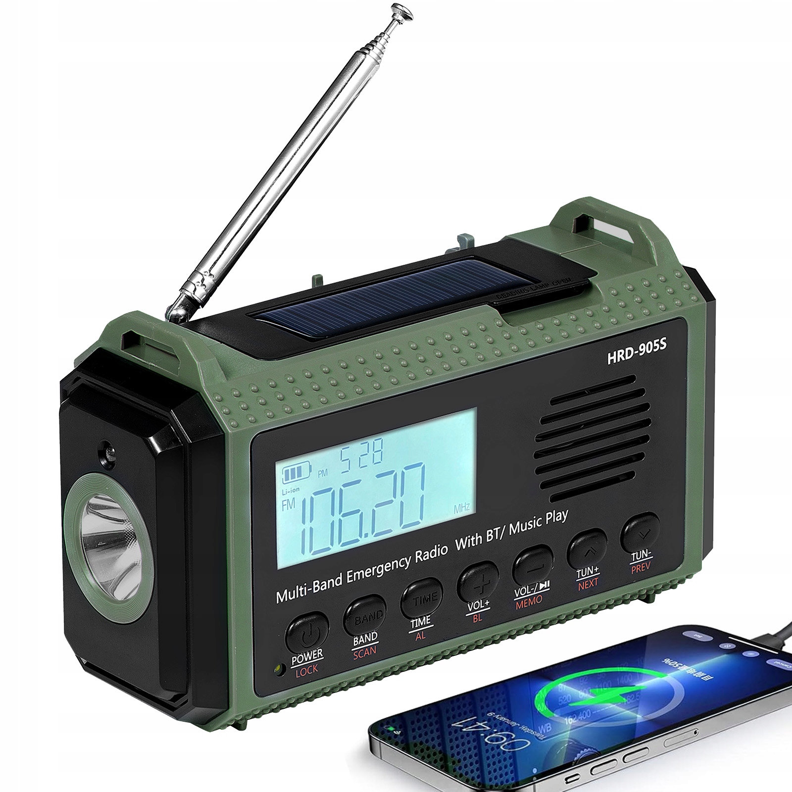 Nouzové solární rádio 12000 mAh Am Fm Sw klika Usb-c svítilna Sos Khaki