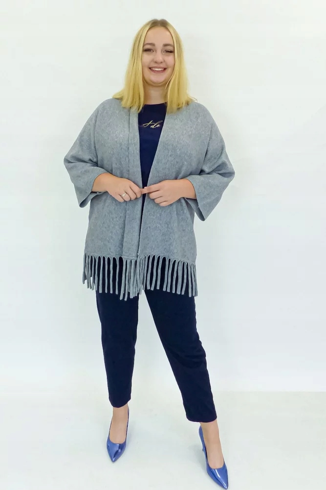 Popelavý dlouhý kardigan Přehoz s třásněmi L/XL