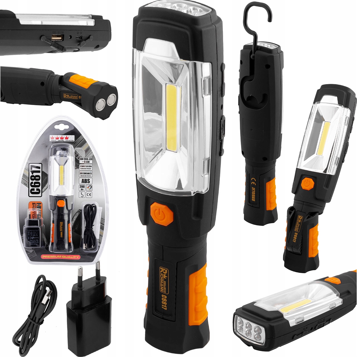 LATARKA LAMPA WARSZTATOWA OBROTOWA 360* MAGNETYCZNA HACZYKIEM USB LED 280LM