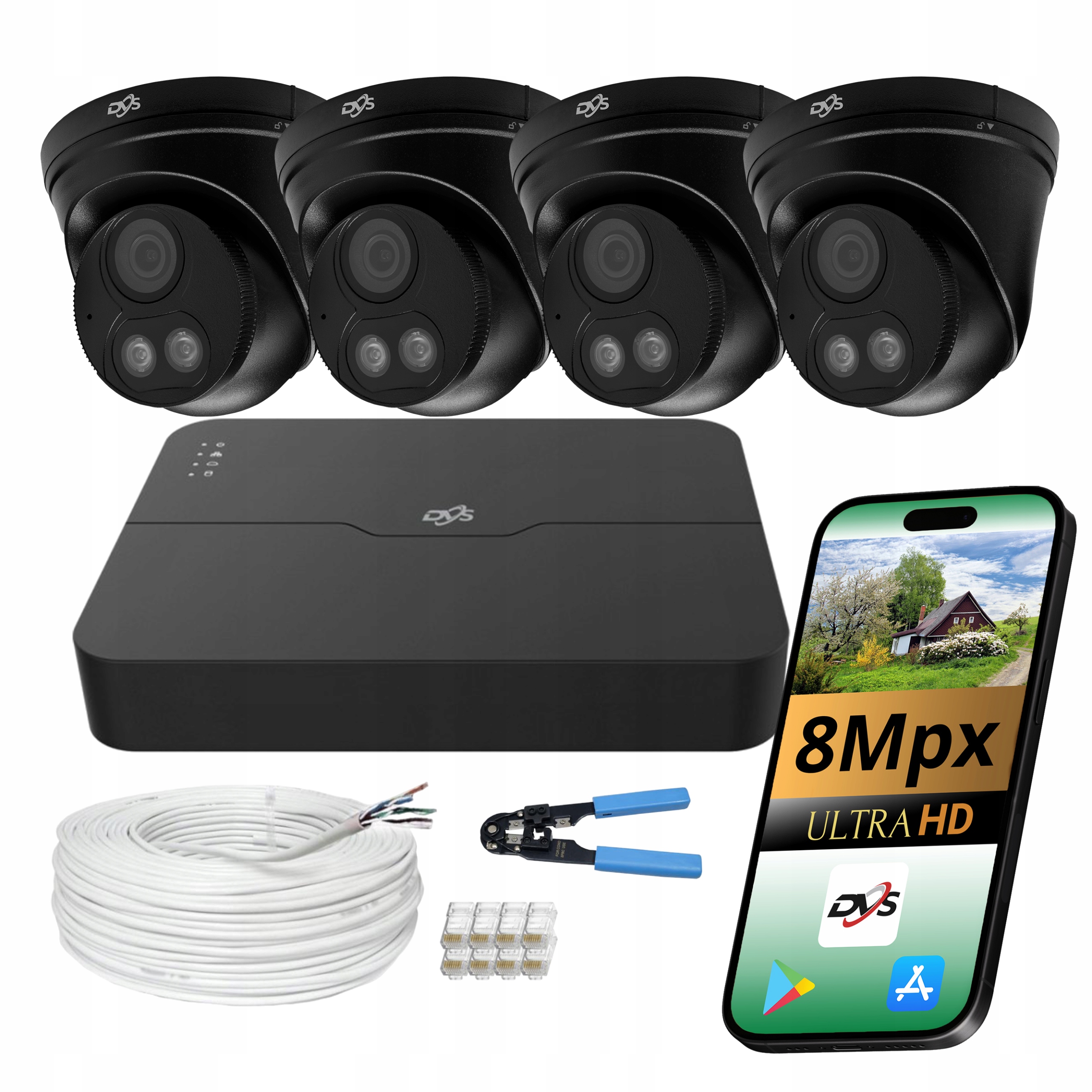 Monitorovací Kamerový Systém Dvs 4xKAMERA 4K Dual Light Venkovní Černé Poe Ip