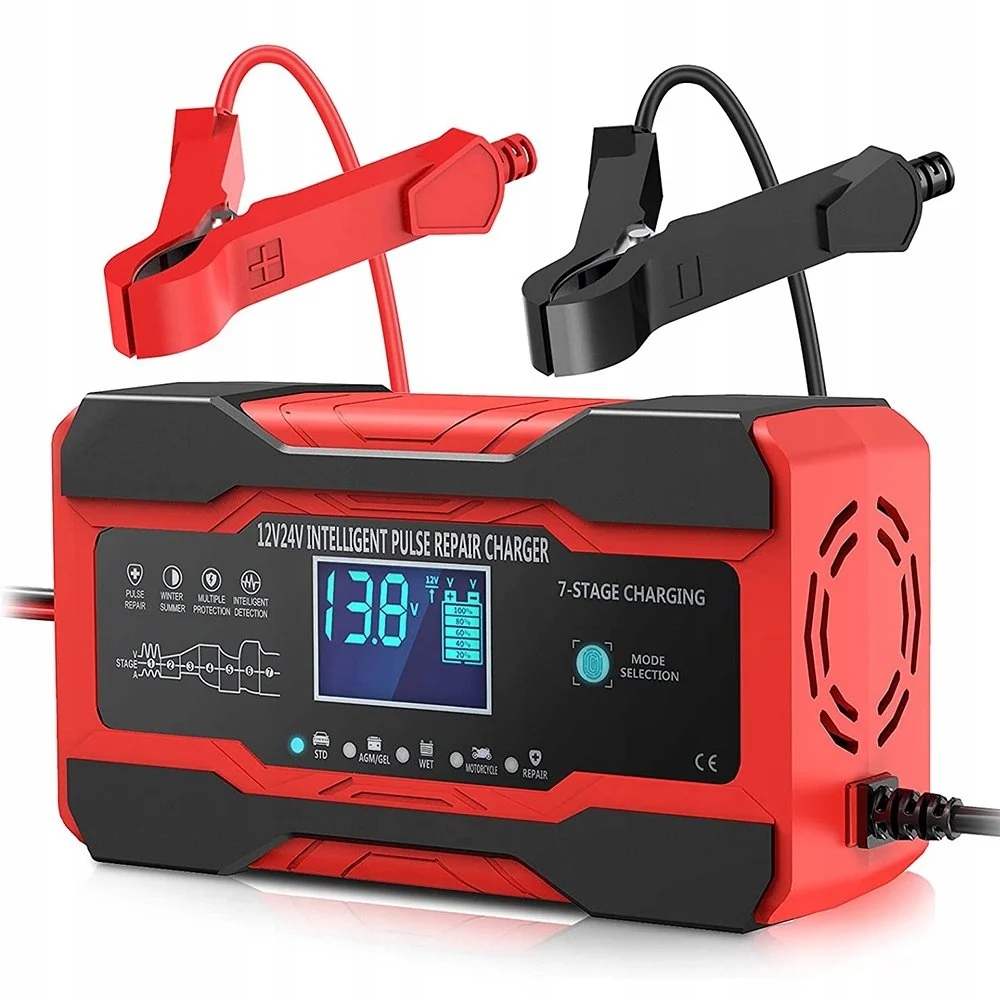 Mocny Prostownik Do Akumulatora LCD 12V 24V 10A Funkcja Naprawy Ładowarka