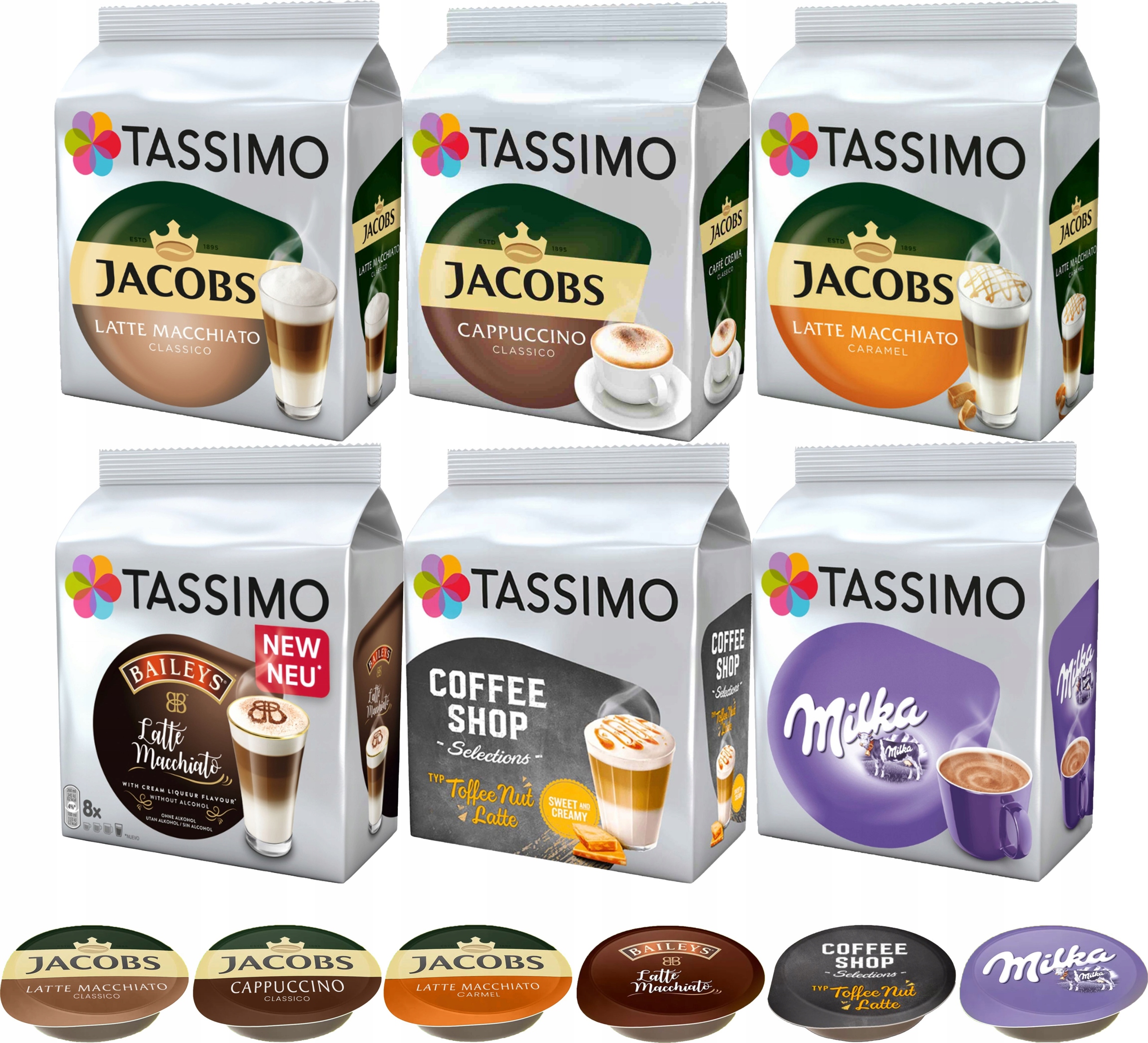 Levně Kapsle Tassimo Jacobs mléčné kávy, Latte, Cappucino, 5+1 Bonus.