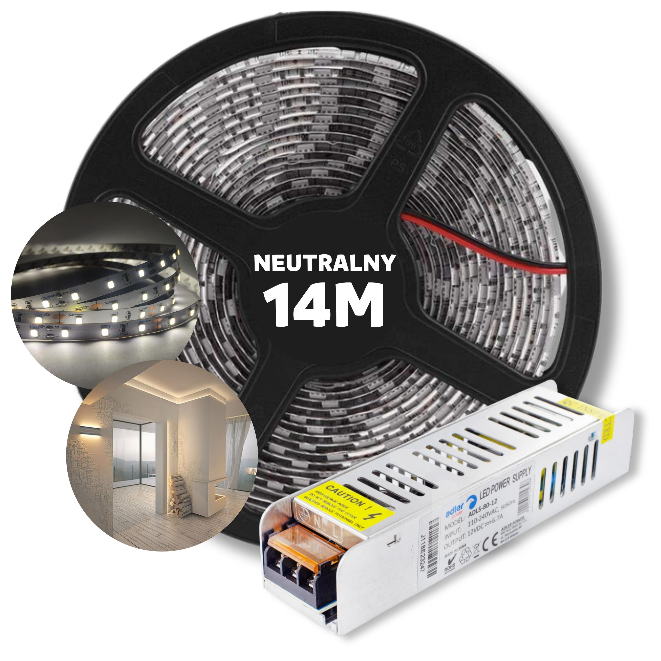Set 14 m Led pásek Smd bílý neutrální s napájecím zdrojem 12 V