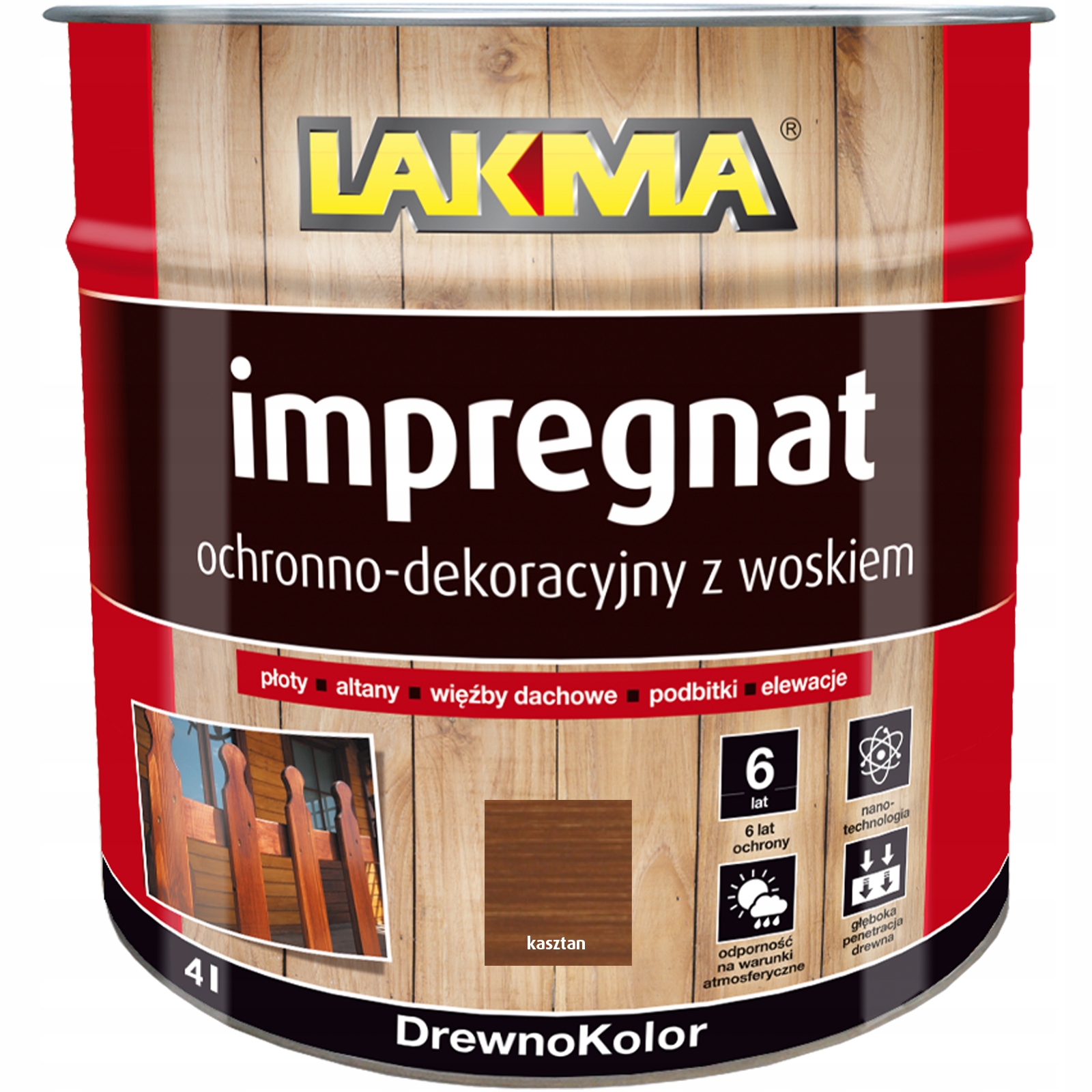 Lakma Impregnat Ochronno-dekoracyjny z Woskiem do Drewna Płotu Kasztan 4L