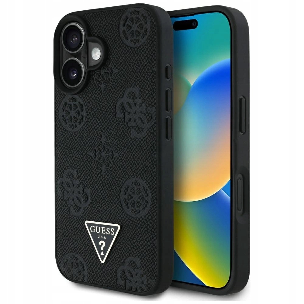 Pouzdro Guess Grained Hot Stamp Peony Triangle Logo MagSafe pro iPhone 16 černé