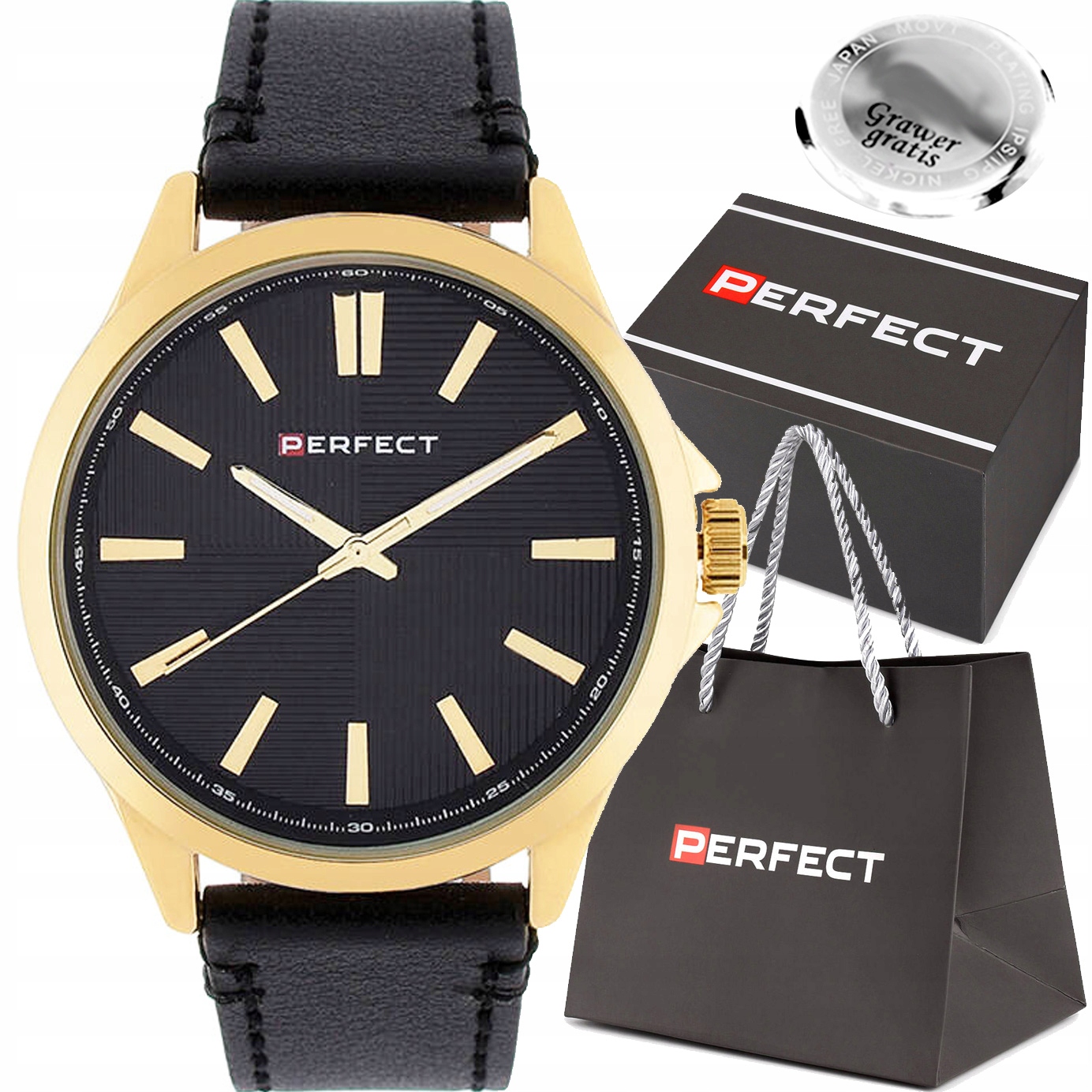 Pánské hodinky Perfect Brano stylové černo-zlaté Kožené jako dárek Box