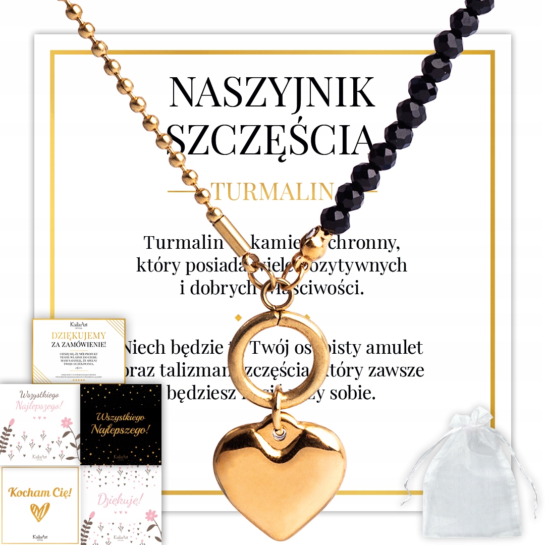 Naszyjnik Z Sercem Czarny Turmalin Z Kamieni Naturalnych Stal Chirurgiczna
