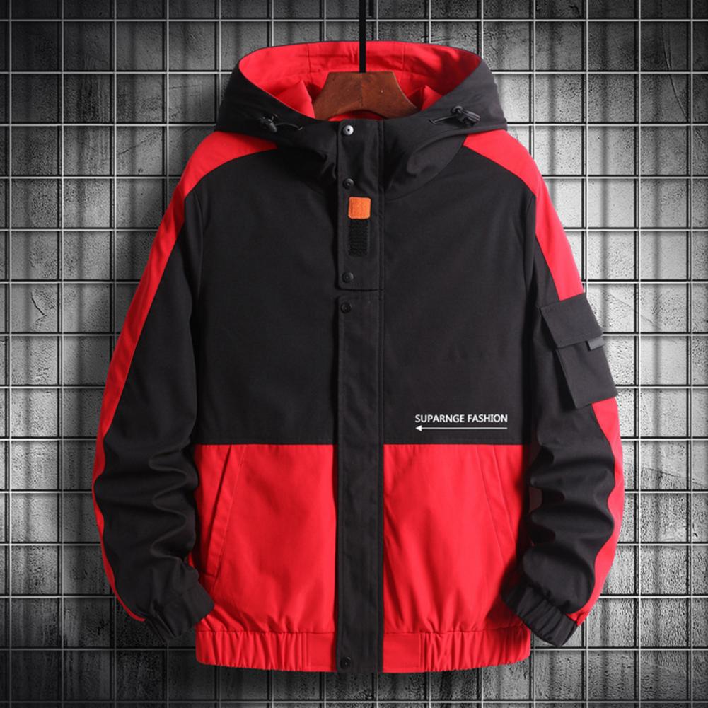 Men Jacket Long Sleeve Zipper Spring Hooded Street Kolor czerwony