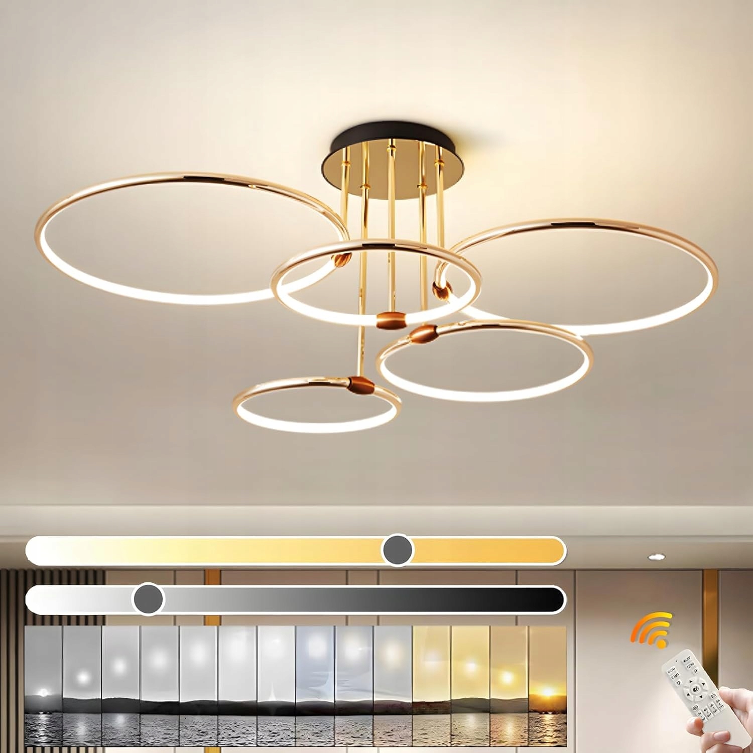 P/73 Żyrandol lampa sufitowa Led 93cm 5 x złote pierścienie 108W ściemniany