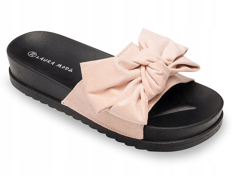 

Beżowe klapki z Kokardą na grubej podeszwie 39