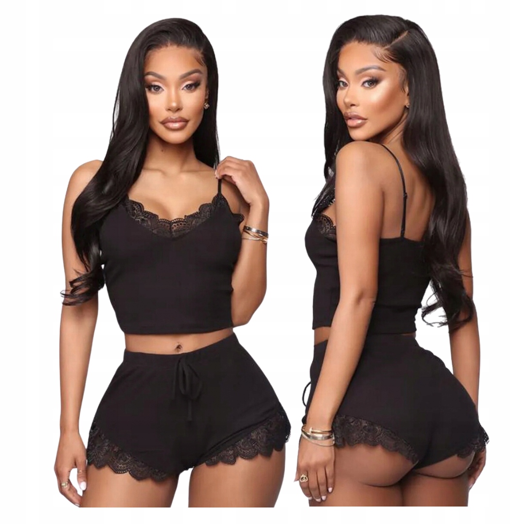 Piżama damska czarna z koronką na ramiączkach