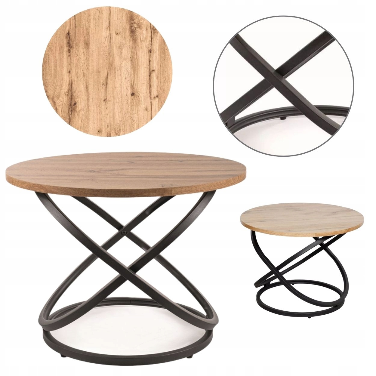 Konferenčný stolík okrúhly dub artisan čierny, moderná lavička do obývačky Eos