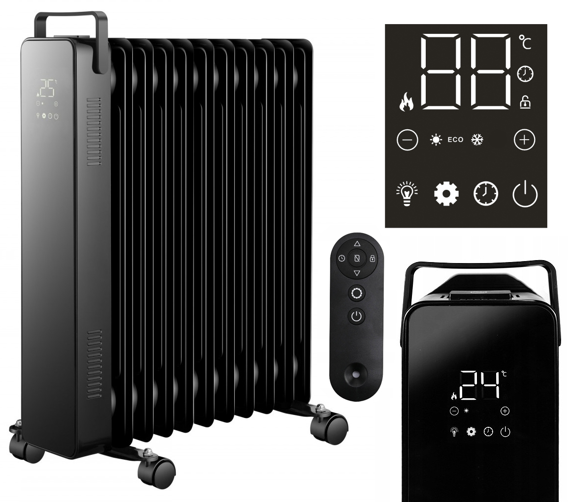 Olejový radiátor 2500 W Elektrický Black 11 Rebierok Pilot Termostat LCD