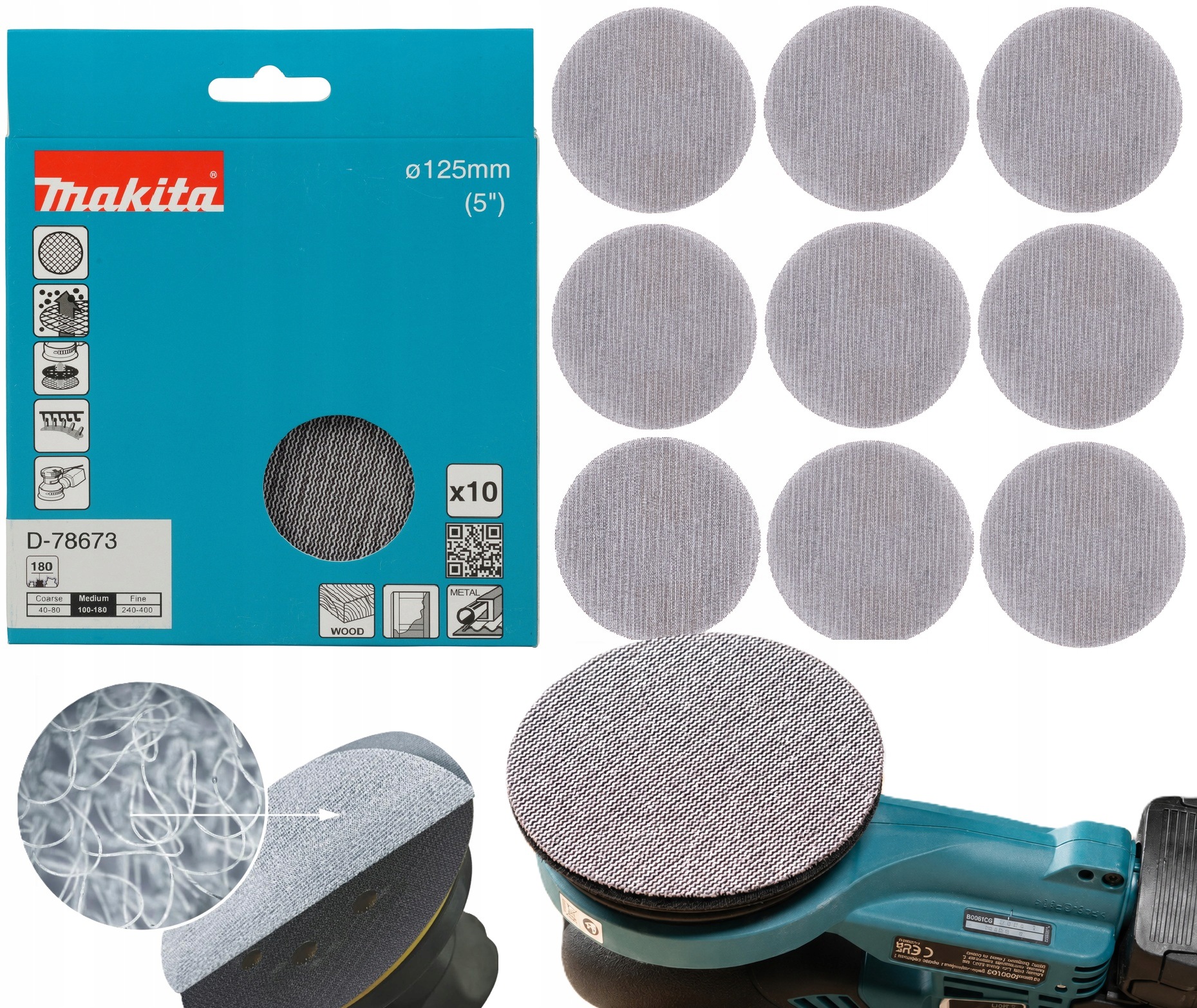 Makita D-78673 Siatka szlifująca na rzep okrągła 125mm Tarcza A180 10szt