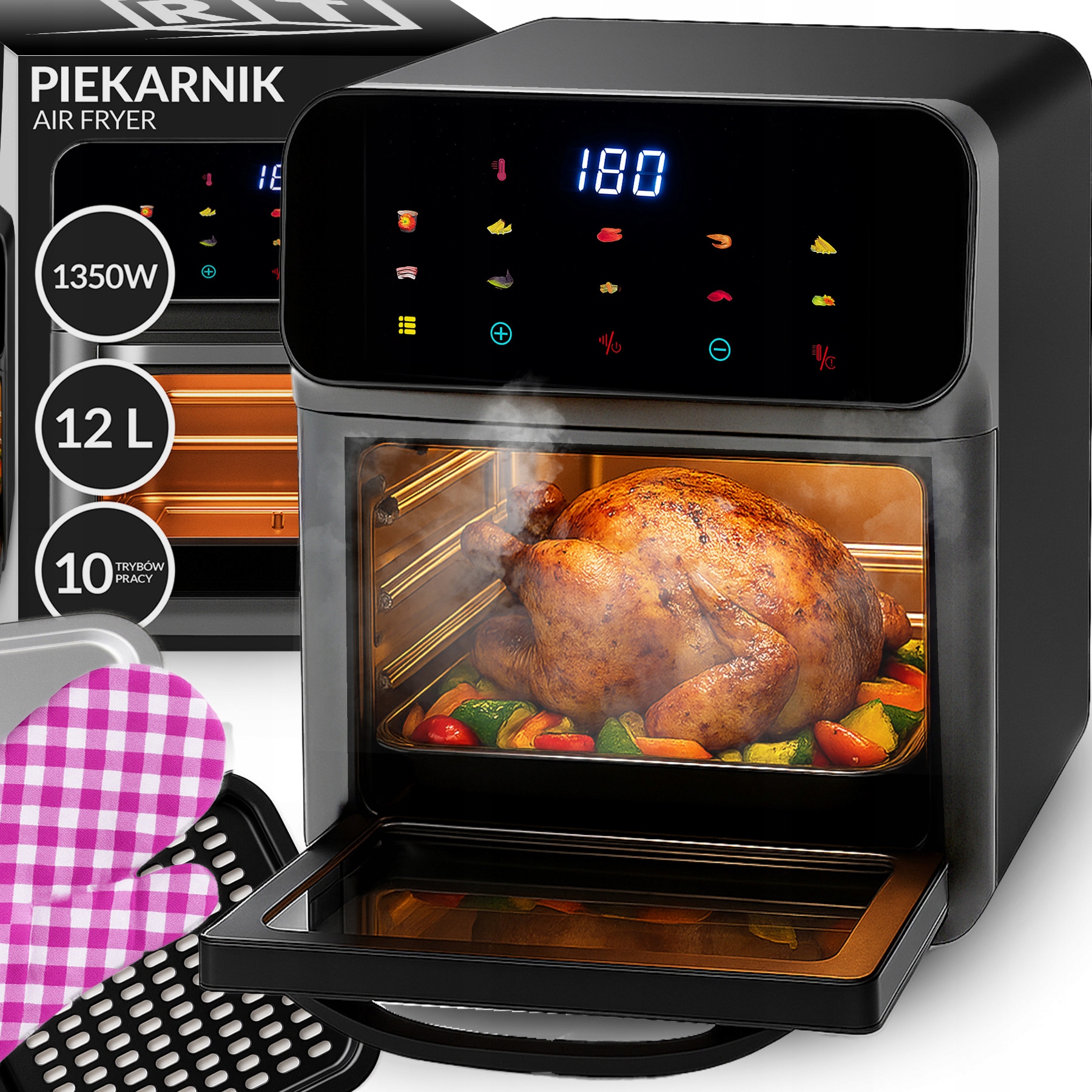 Beztuková Fritéza Air Fryer 12 L Trouba 1350 W 10 Režimů Airfryer