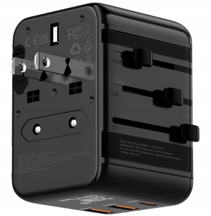 Adaptér Zásuvka Cestovní adaptér Usa Uk Eu 2x Usb 1x Usb-c 20W