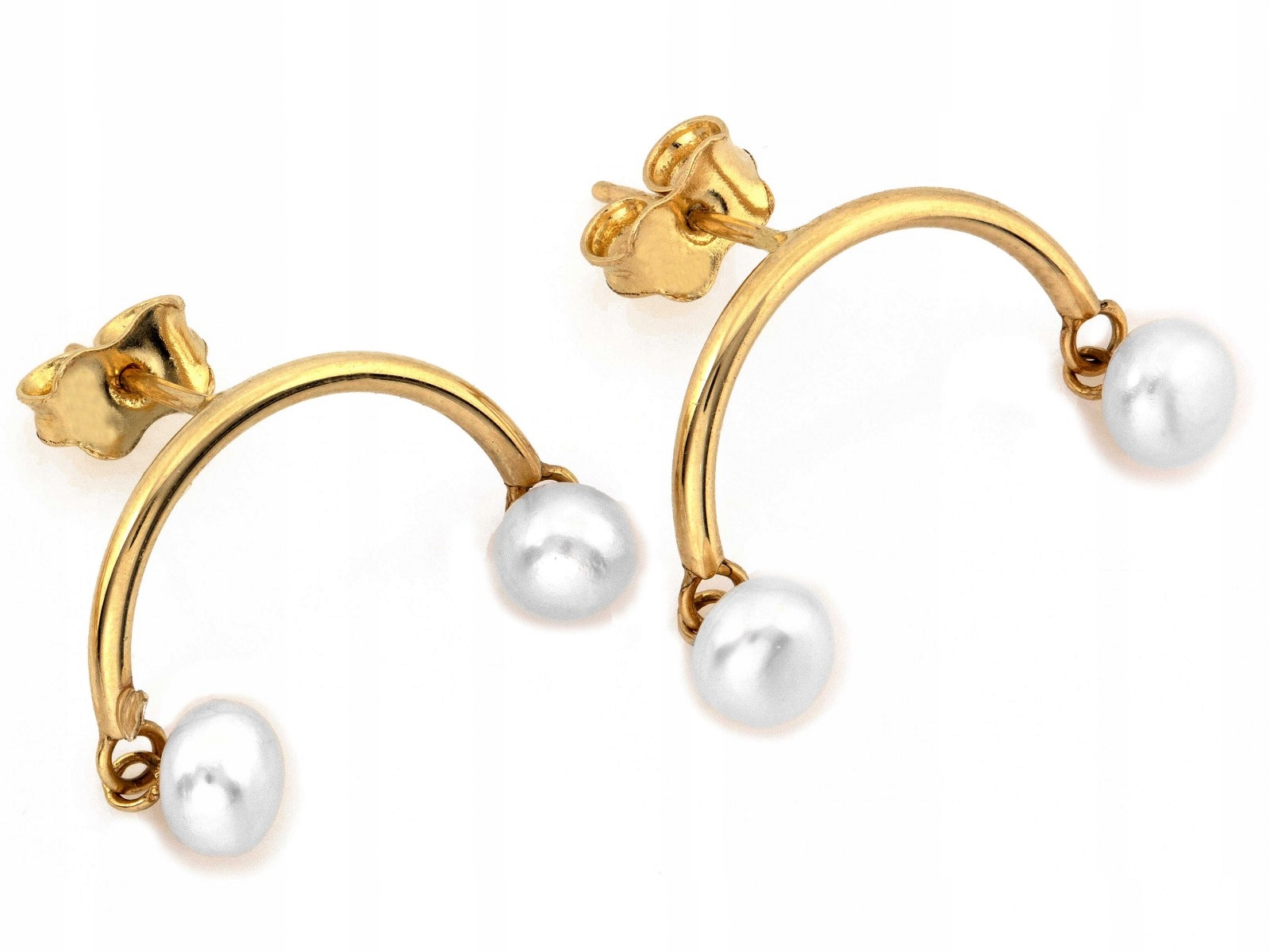 Originální zlaté 585 14kt náušnice s motivem oblouku a perličkou na tyčince 1.50 g