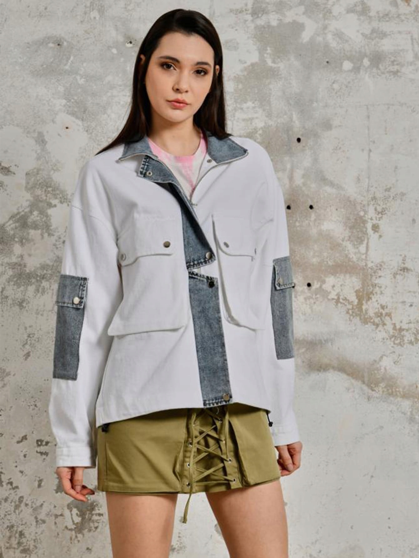 Džínová Bunda Kontrastující S Límečkem Bílá Casual Shein S 36