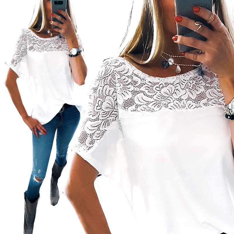 

Biała Bluzka Z Koronką Luźna Koszula Oversize