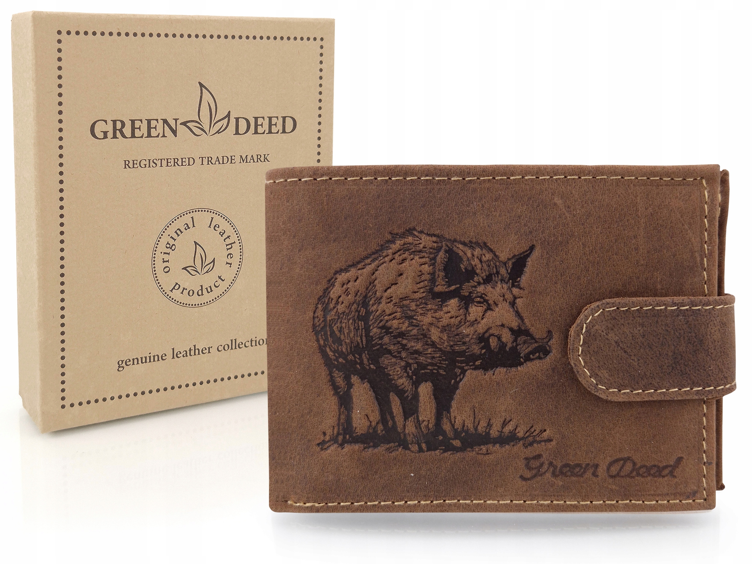 Skórzany męski portfel myśliwski z ochroną Rfid wzór Dzik
