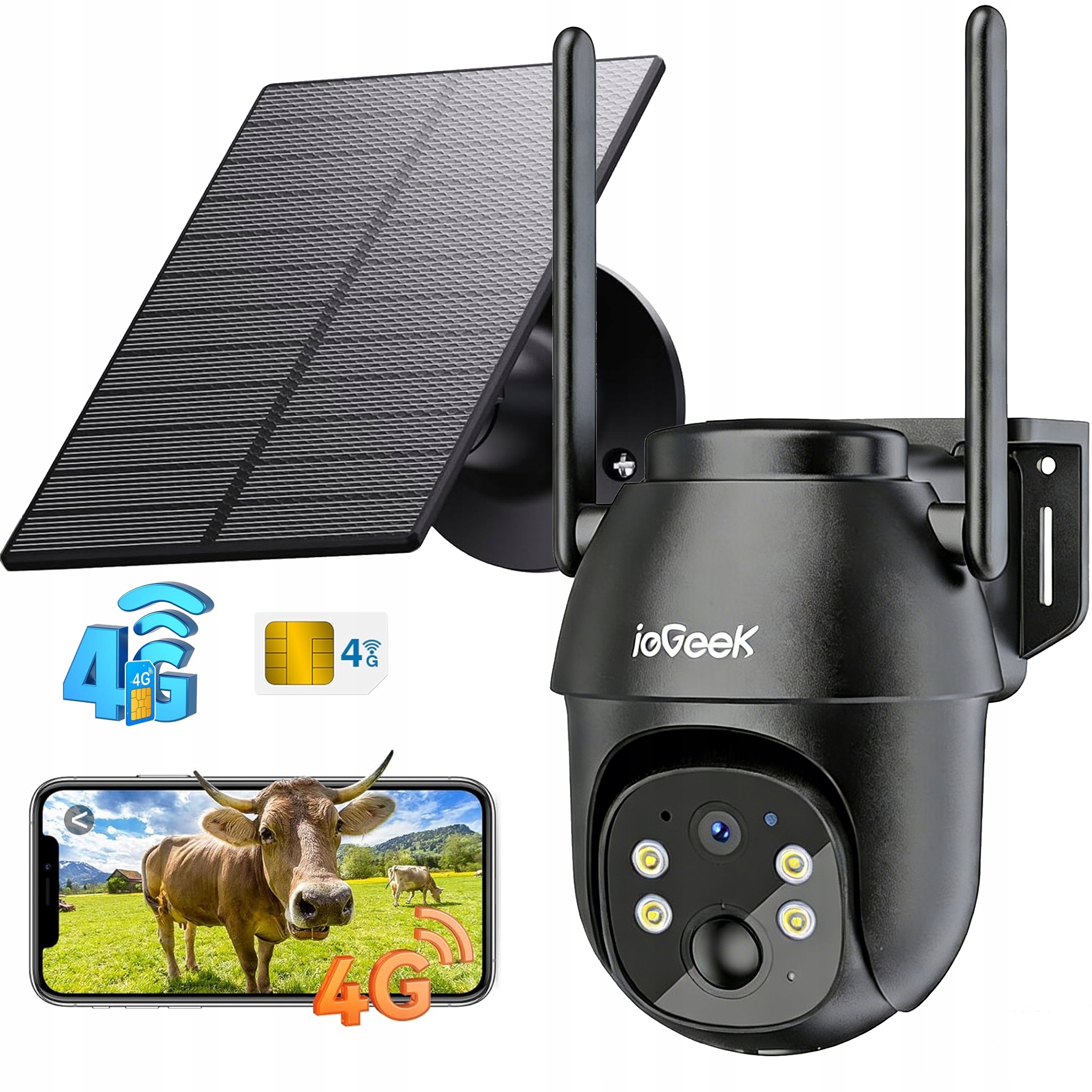 Kamera Solarna Zewnętrzna Obrotowa Na Kartę Sim Gsm 3G 4G Lte Sim 2K 3MP Sd