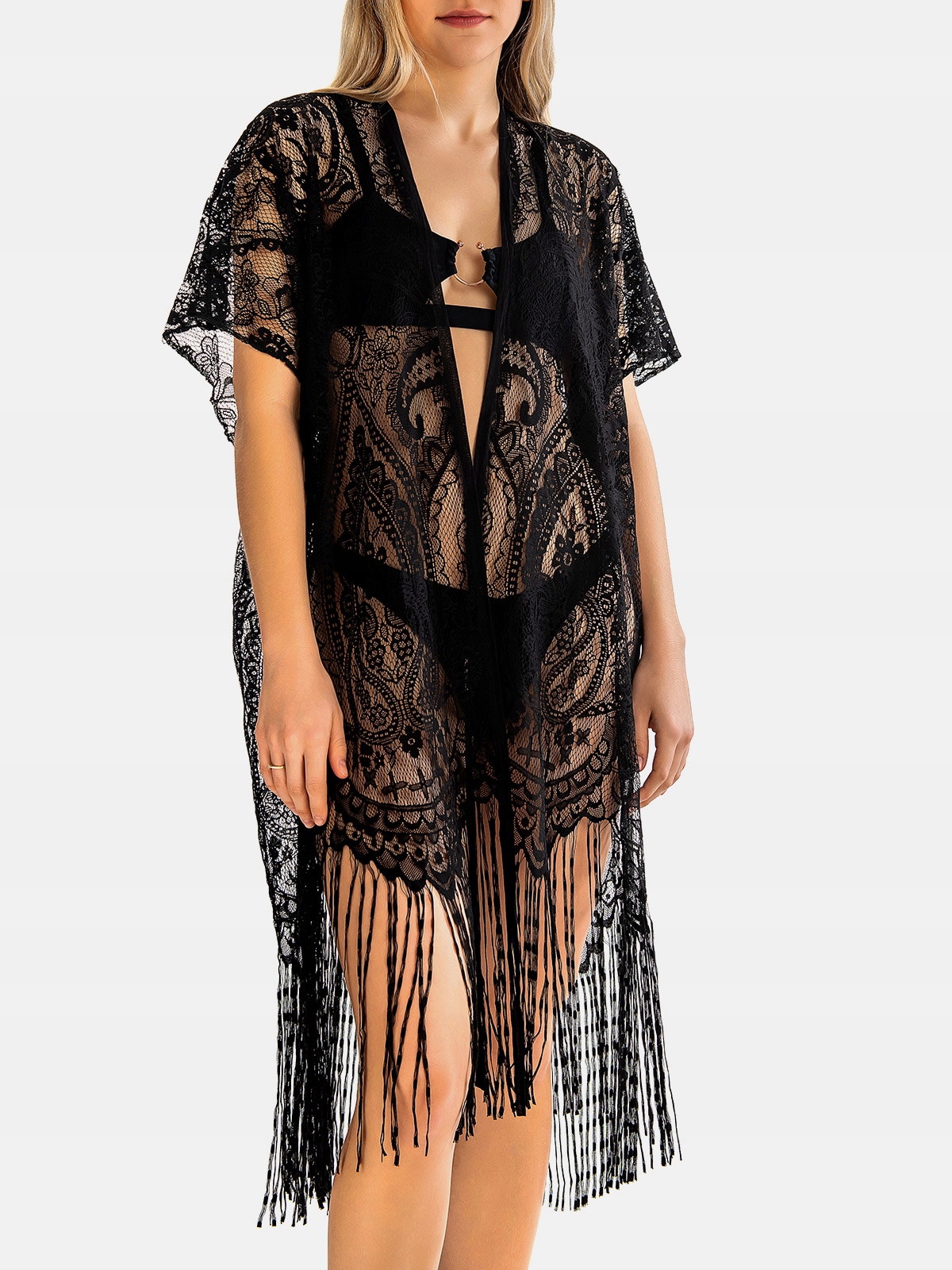 

Narzutka Plażowa Czarna Pareo Koronka Frędzle