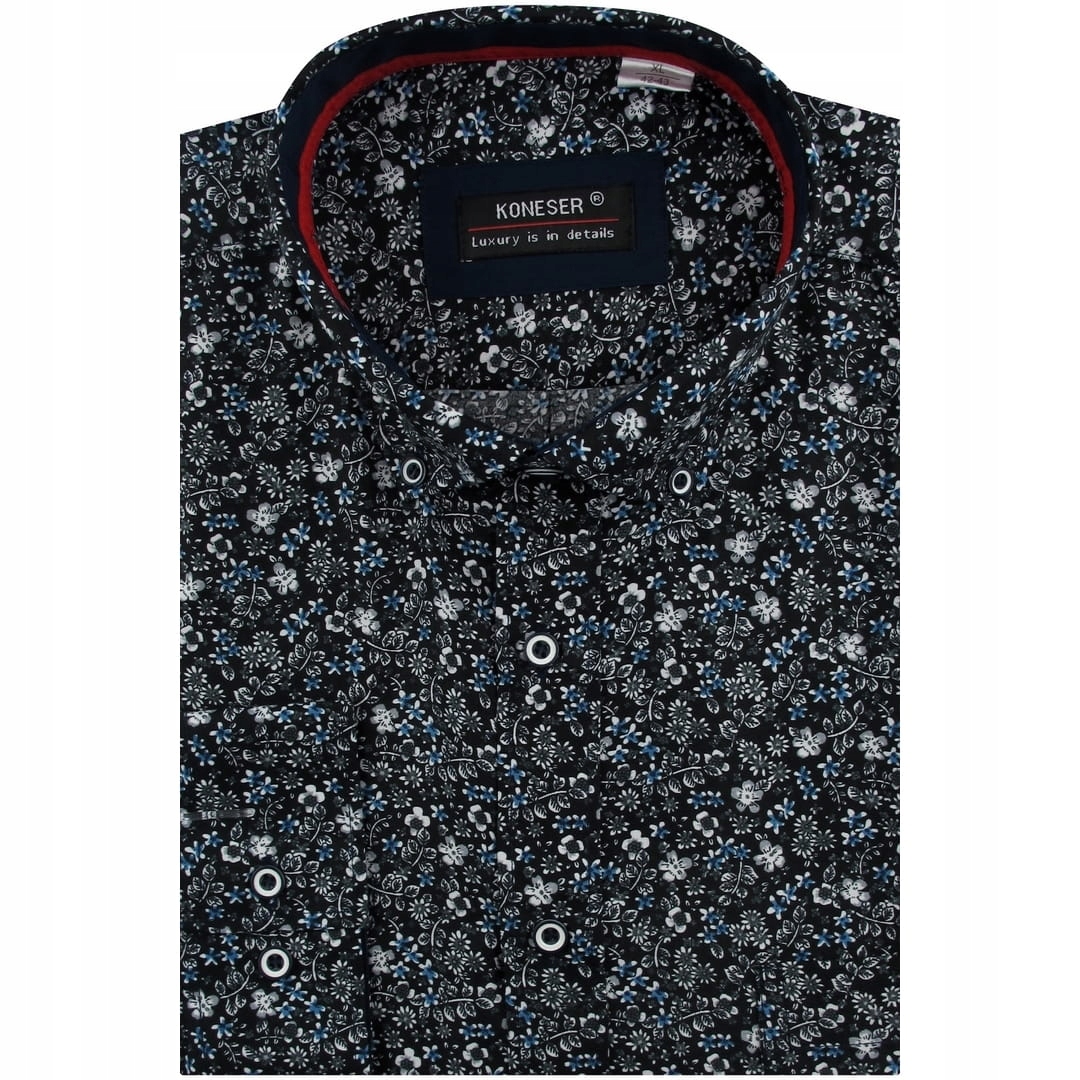 Jedwabna Koszula Męska Wizytowa do garnituru czarna kwiatki E690