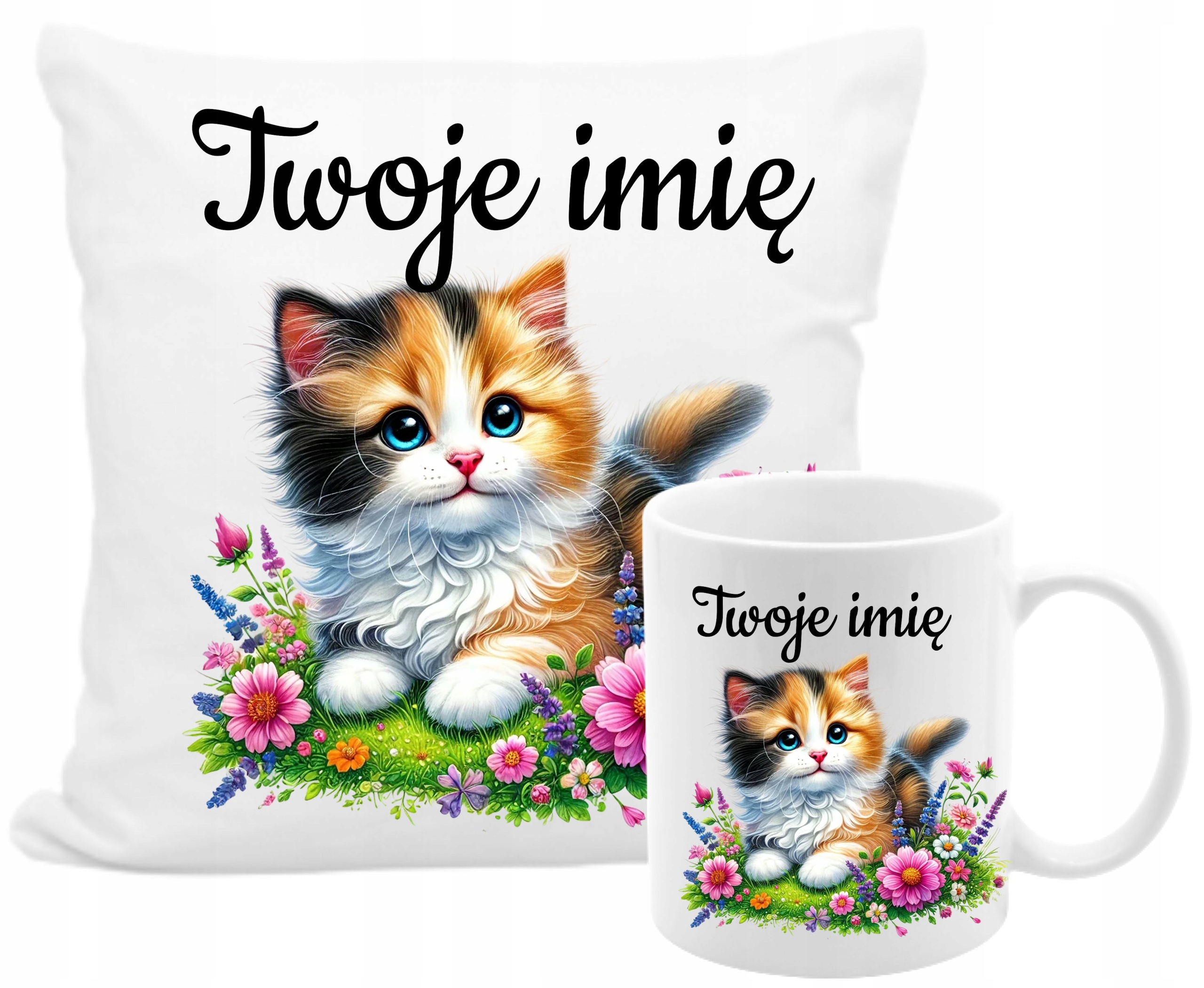 Zestaw Kubek Poduszka Kot Małe Kotki Koty Kociaki Kocięta +imię Tekst