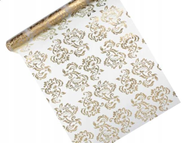 

Organza biało Złota wzorki ornamenty 36 cm x 9 m