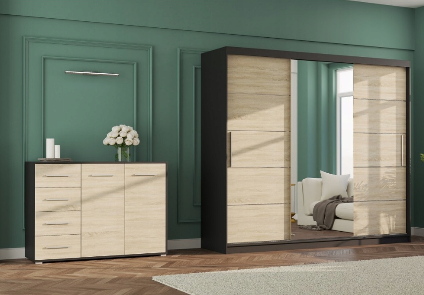 Zestaw szafa przesuwna ALBA 250 lustro komoda FRIDA szuflady kolory półki Kod producenta 165498797