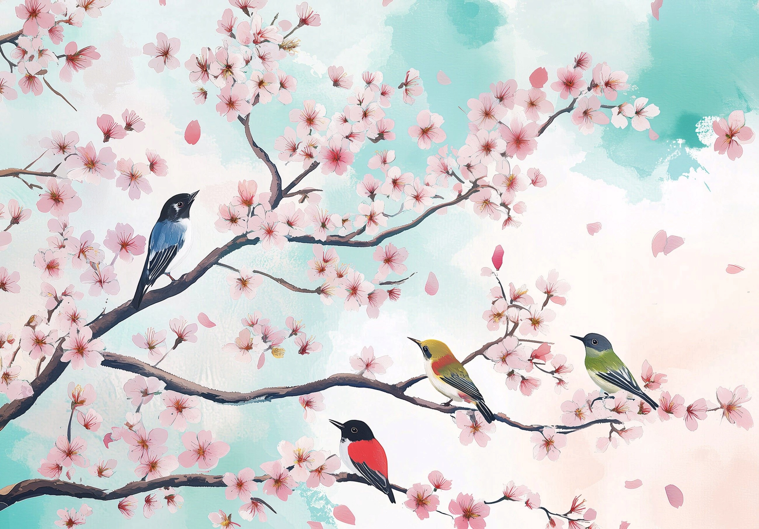Fototapeta Jarní ráj květin a ptáků Pastelová harmonie 150x105 lepidlo