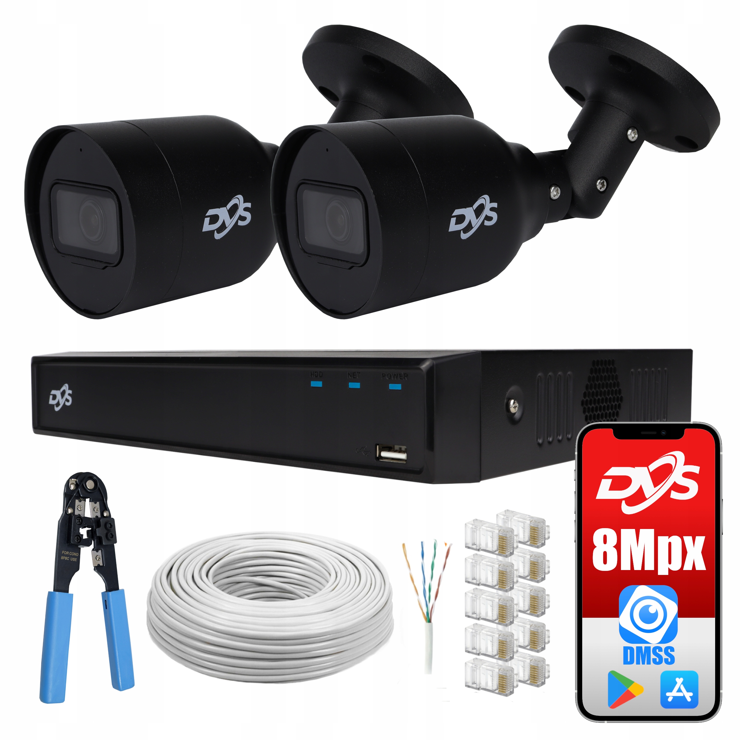 ZESTAW DO MONITORINGU 2 ZEWNĘTRZNE KAMERY IP POE CZARNE 8Mpx MIKROFON DVS