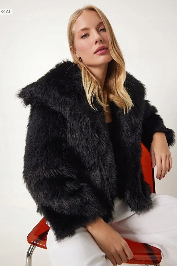 Měkká Černá Kožešinová Bunda S Kapucí Elegantní 36 5IA