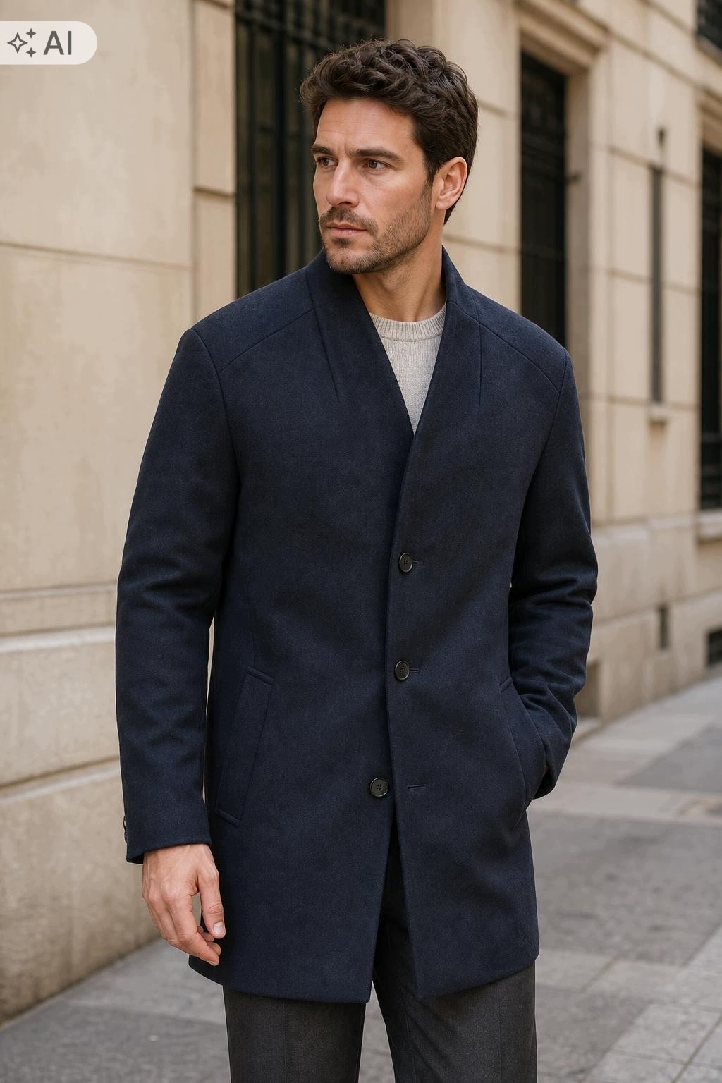 Allthemen Tmavě Modrý Elegantní Pánský Dvouřadý Kabát S Klopami, Velikost 7FA