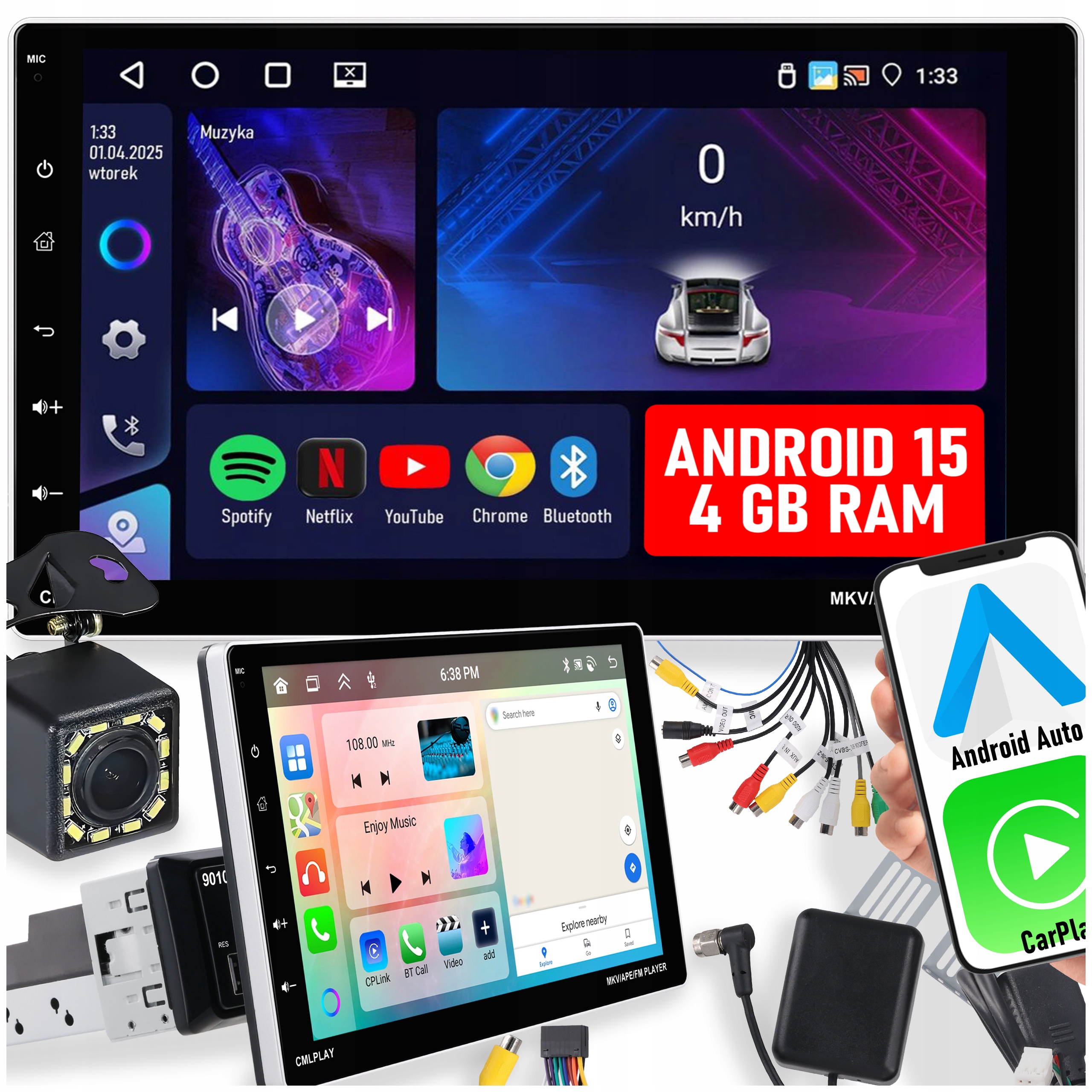 Autorádio 1 Din Carplay Android 15 Wifi Gps Dotykové 4GB Ram 9''