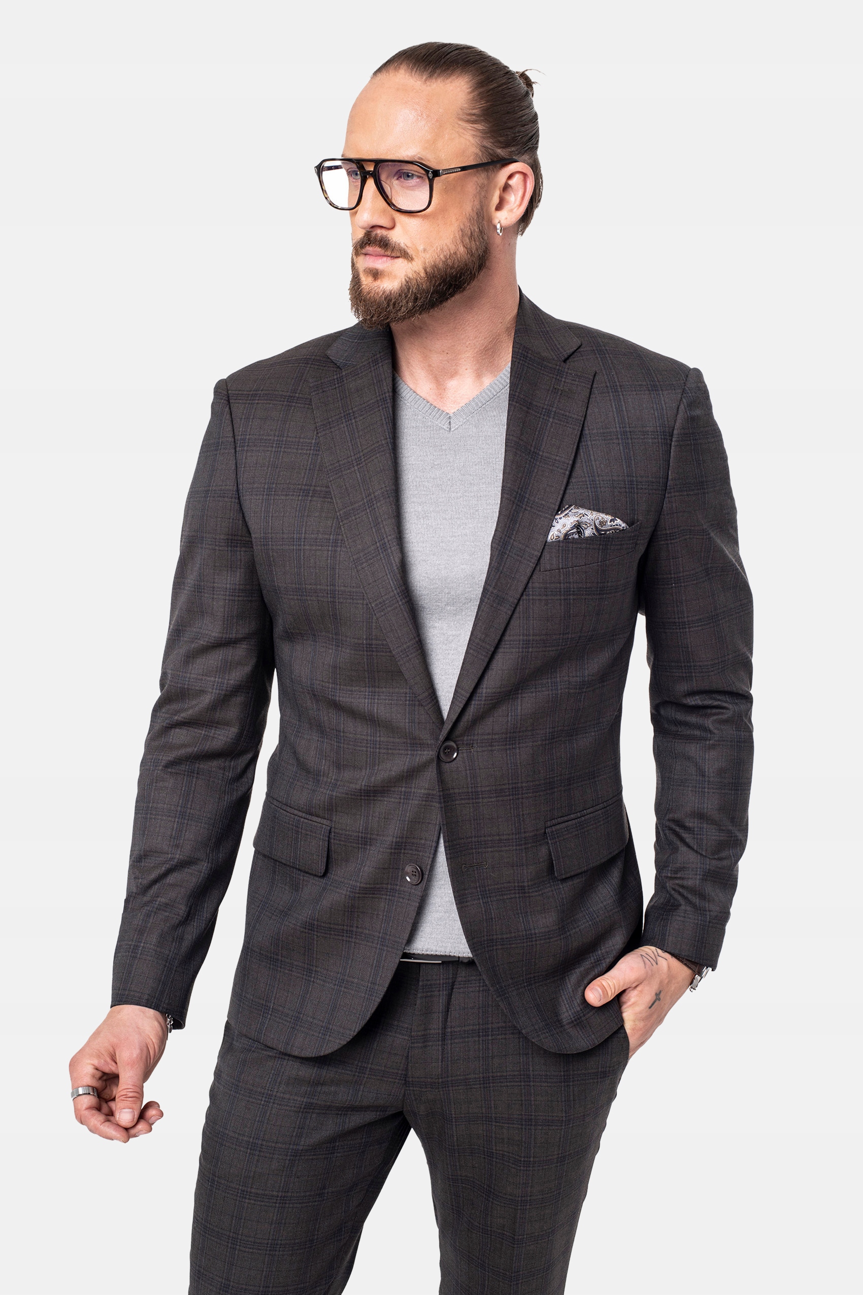 Marynarka Męska W Kratę Naves Slim Fit Brązowa 182 100