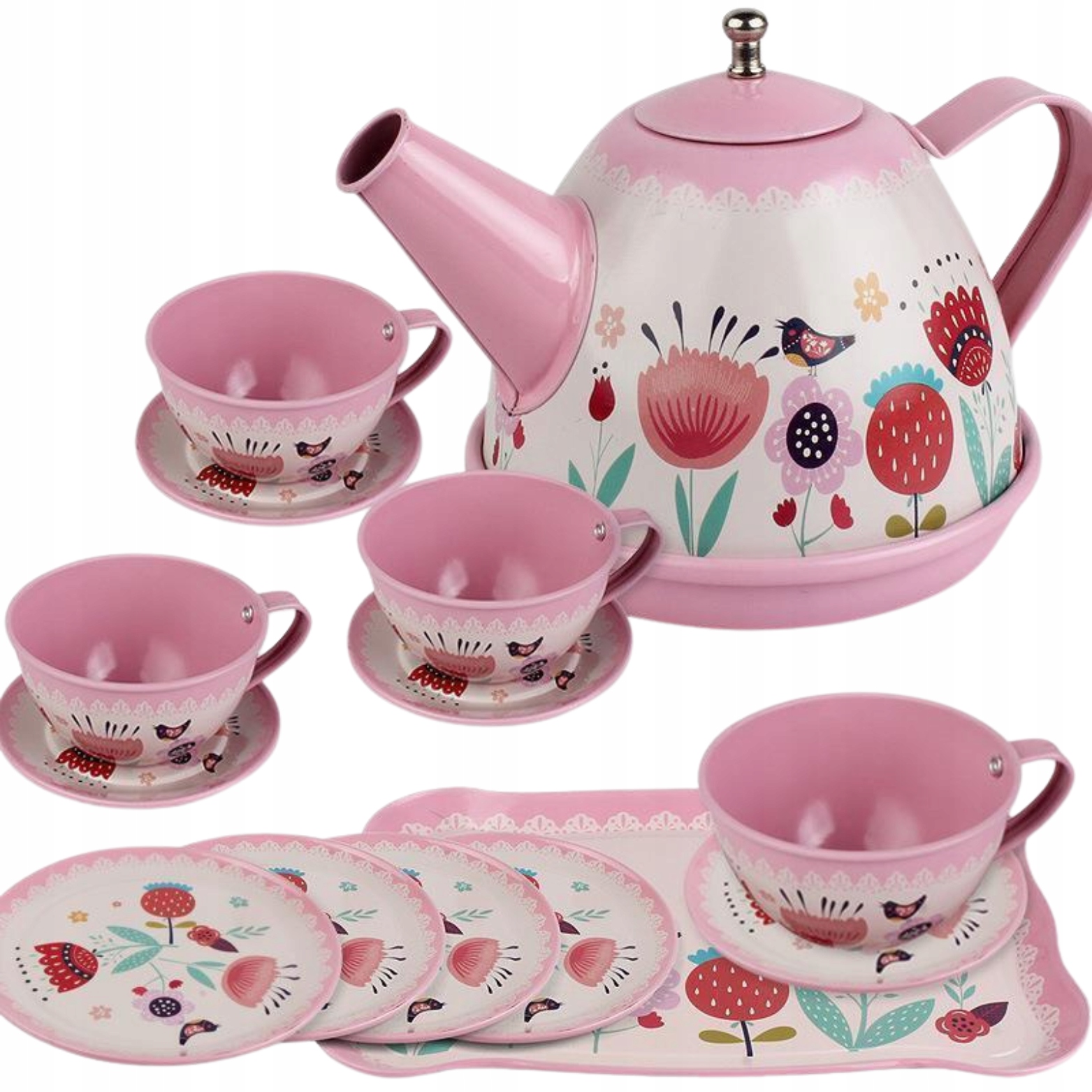 DUŻY ZESTAW DO HERBATY KAWY KWIATY DZBANEK TACKA TALERZYKI FILIŻANKI Marka inna