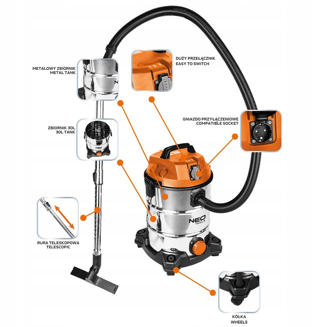 NEO ODKURZACZ PRZEMYSŁOWY BUDOWLANY 1400W 30L SUCHO MOKRO DO GIPSU +OSPRZĘT Napięcie zasilania 230 V