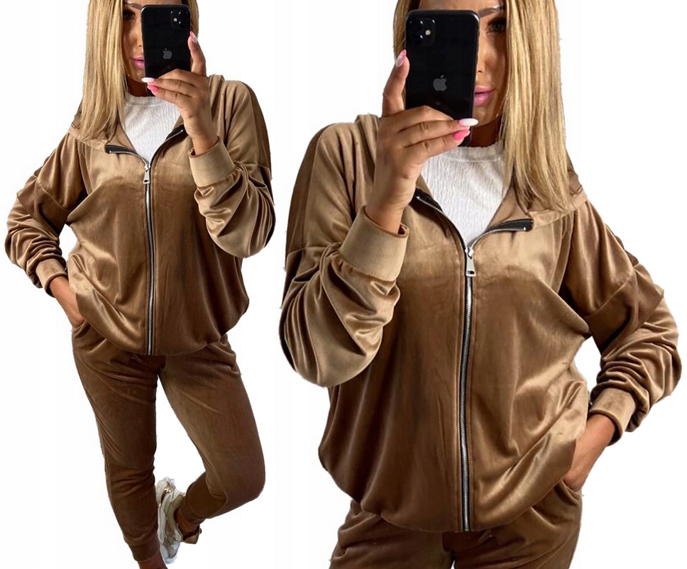 Teplákovka Dámský zip Béžový Tepláková Souprava Oversize Velurový s kapucí 48