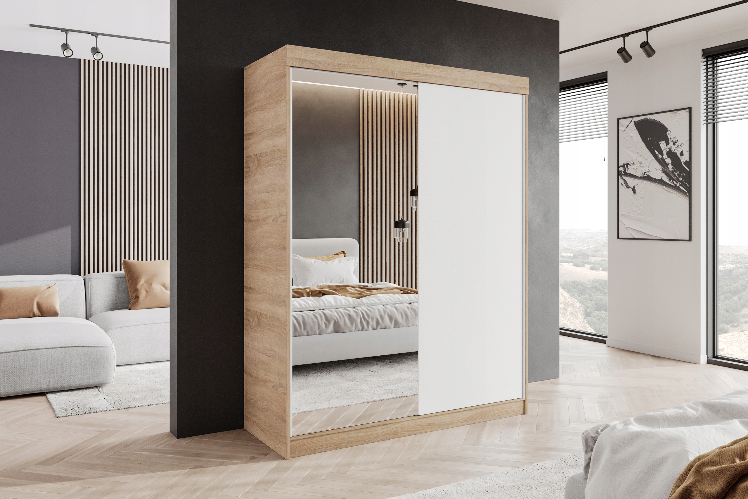 SZAFA PRZESUWNA BIAŁA 2 DRZWIOWA 140 x 205 CM 1 LUSTRO GARDEROBA PRODUCENT Wysokość mebla 205 cm