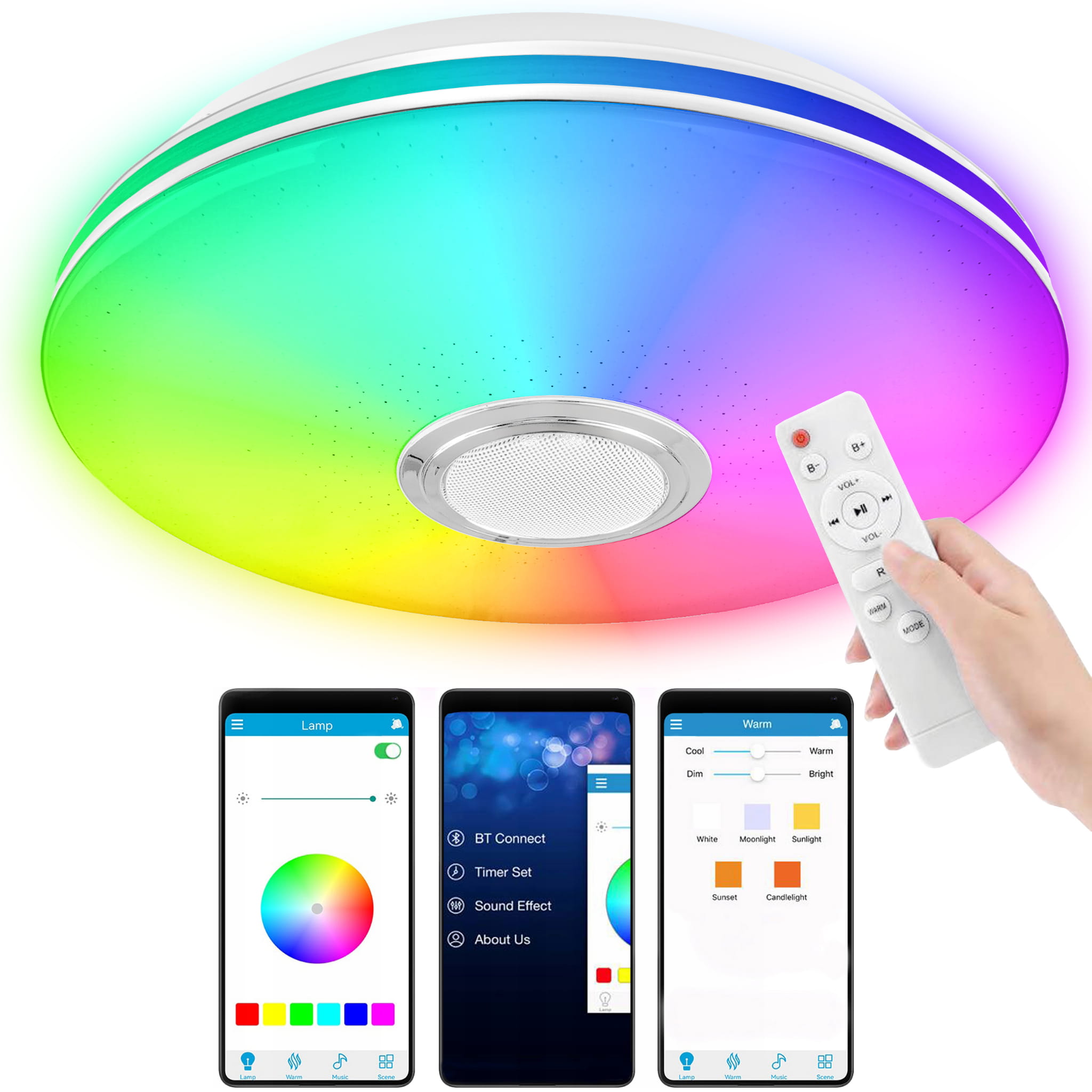 Lampa plafon Led Rgb Kolorowa Głośnik Bluetooth 40w Pilot Aplikacja Smart