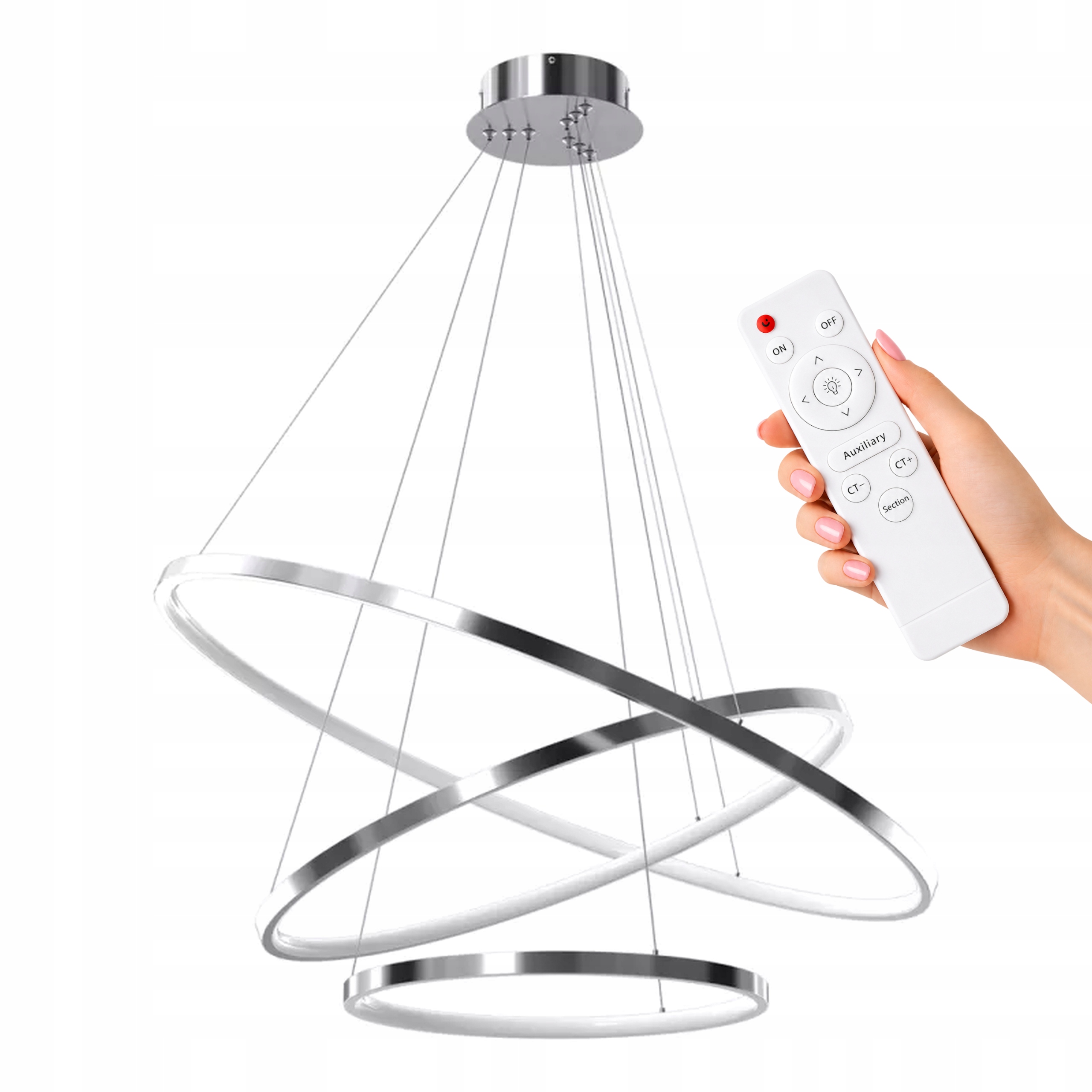 Stropná Závesná Lampa 60 CM Luster Strieborný 3 Krúžky S Diaľkovým Ovládaním Chróm Lesk