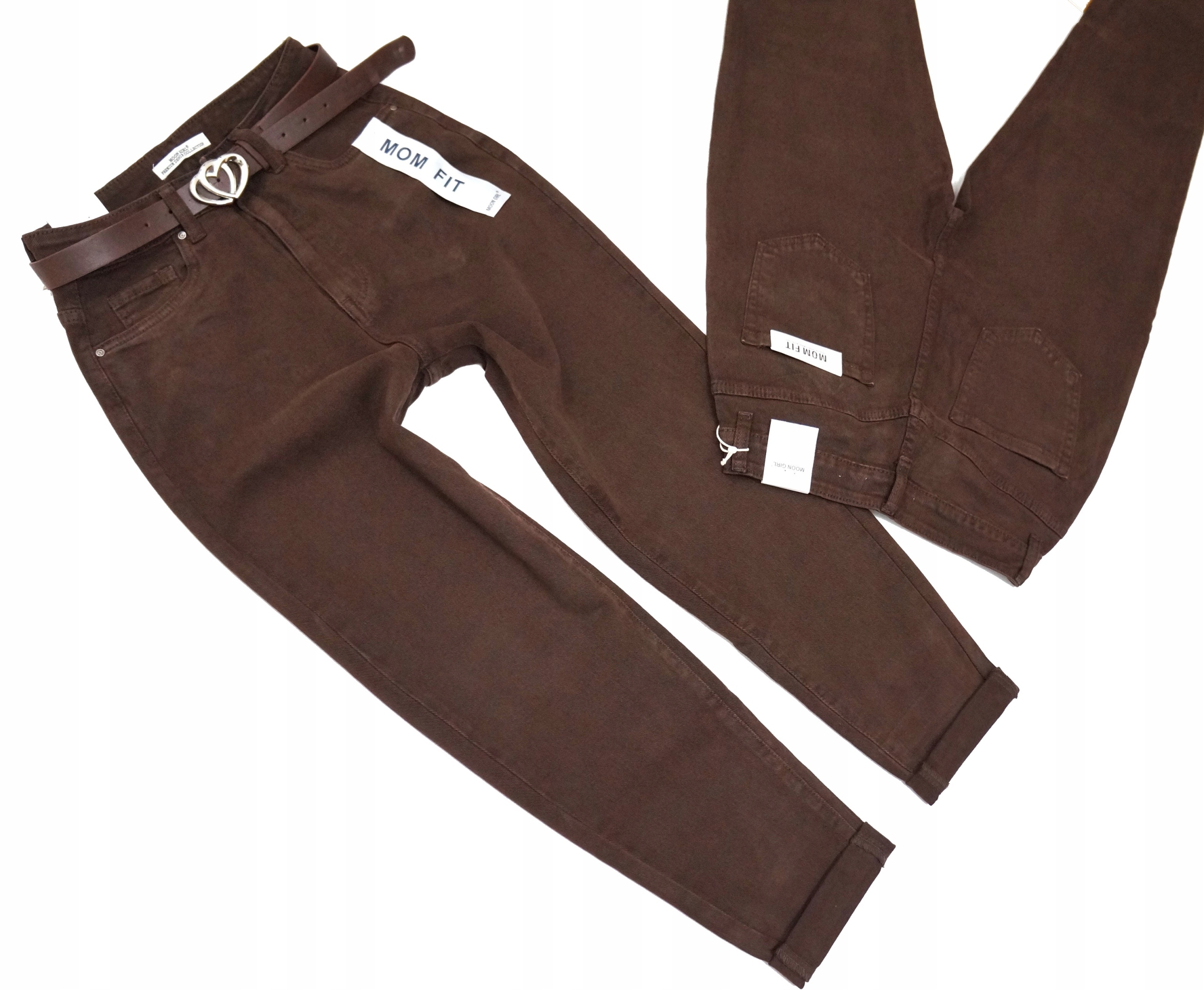 Damskie Spodnie Mom Fit Jeansy Wysoki Stan Luźne Nogawki Czekolada 44/XXL