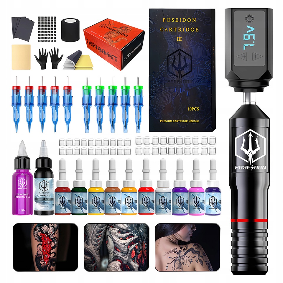 Poseidon Bezdrátový set na tetování s 11 barvami a 10 jehlami