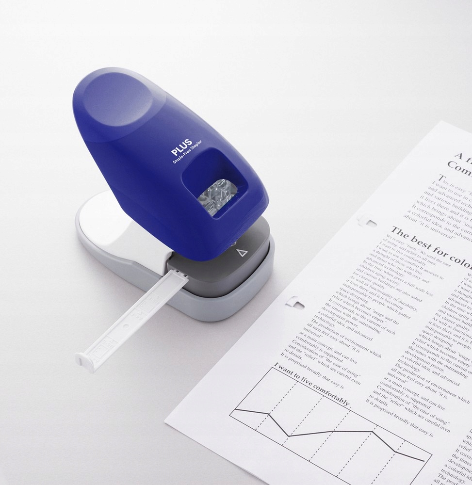 ZSZYWACZ BEZZSZYWKOWY 10 kartek PLUS zszywacz biurowy STAPLE-FREE NIEBIESKI Marka PLUS